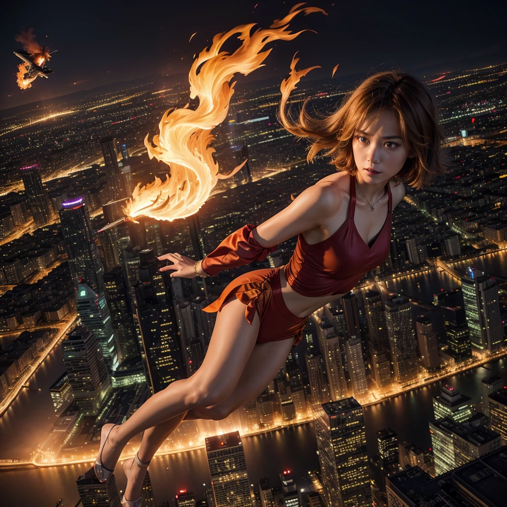 Woman,lina, shorth hair, flying over the city, fire, red glow