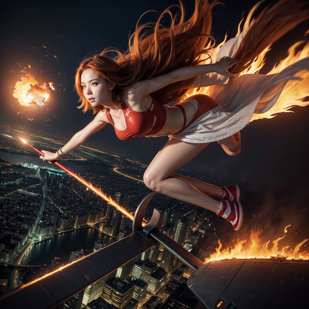 Woman,lina, shorth hair, flying over the city, fire, red glow