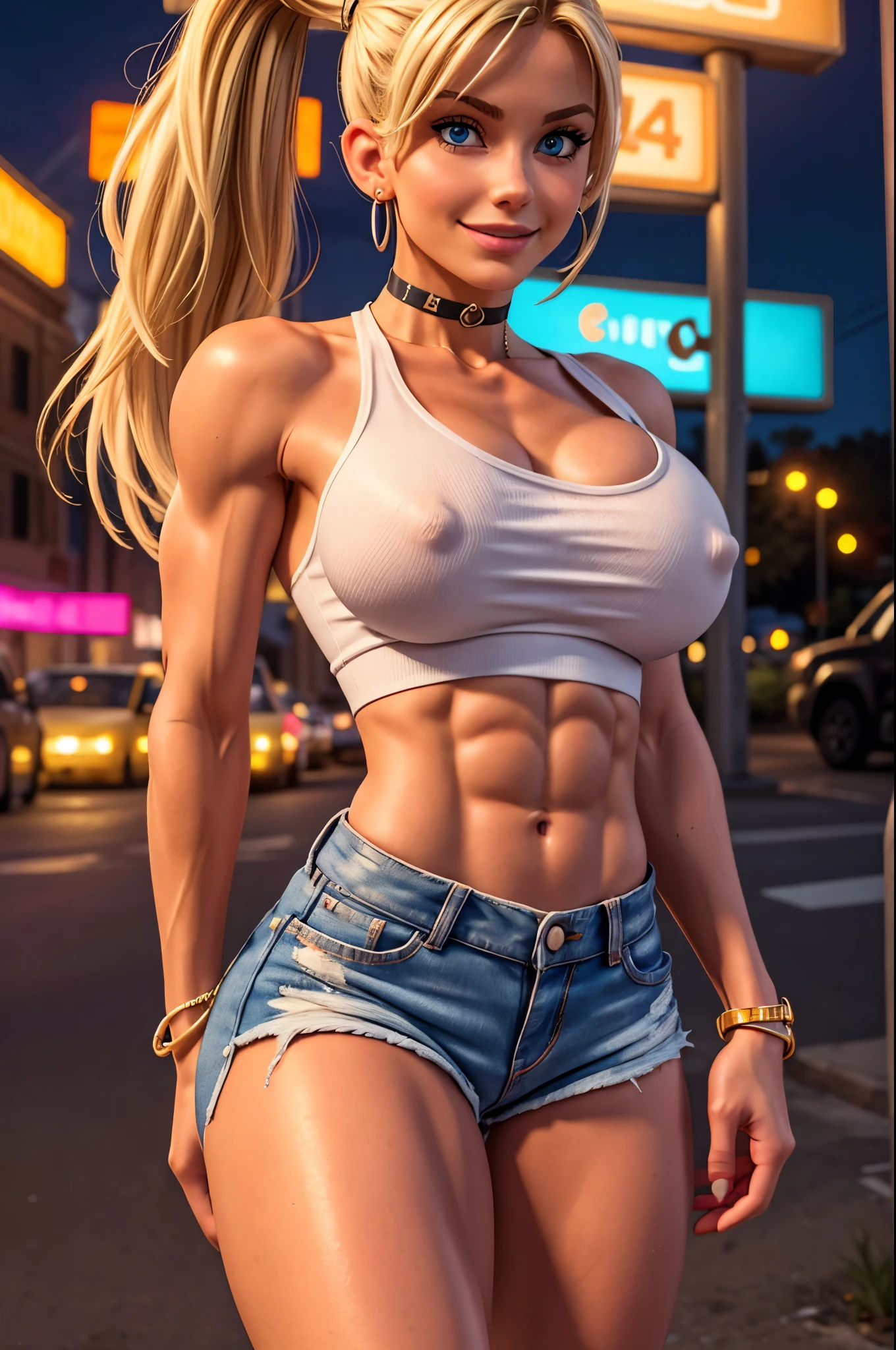 (best quality, 4k, highres, ultra-detailed, realistic:1.2), a skinny blonde girl with perky breasts, 18 years old, messy hair with a pigtail, thin body, 8-pack abs, tight fitted white tank top, earrings, choker collar, bracelets, out in the street at night, neon lights and advertising, close-up portrait, hard nipples, wearing tiny jean shorts, (unbuttoned jean shorts:1.0), smirking, slutty, thin body, skinny body, thigh-gap, (tiny waist:1.0), fit body, (fitness model), fitness bimbo