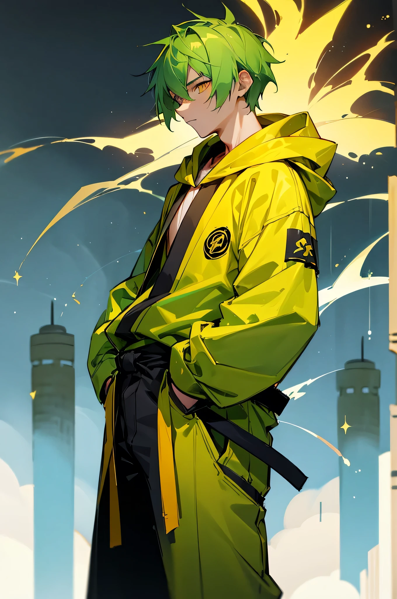 Male, , Green hair, Yellow eyes, Martial Arts Gi, Black belt, Hoodie, Tower Background, hands in Pockets.