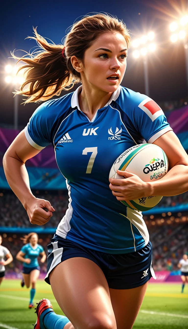 a female rugby player, extremely detailed,masterpiece,realistic,7 vs 7 play,holding strong rugby ball in one hand,running fast between opponents players,speed,fast run,fast game,(best quality,4k,8k,highres,masterpiece:1.2),ultra-detailed,(realistic,photorealistic,photo-realistic:1.37),HDR,UHD,studio lighting,ultra-fine painting,sharp focus,physically-based rendering,extreme detail description,professional,vivid colors,bokeh,sports,olympics,olympic games, olimpic flag in background, Cinematic Hollywood Film