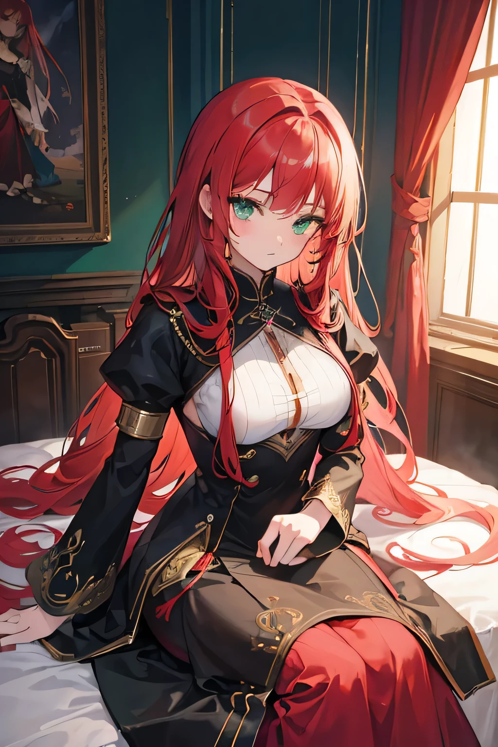 (best quality), masterpiece, extremely detailed CG uniform 8K illustration, high color, extremely high color saturation, all colors deepened, paint, graffiti art, center composition, extremely detailed light and shadow,
"A young and beautiful girl with flowing red hair and mesmerizing green eyes lies gracefully on a bed. Her black and red gown drapes around her, highlighting her noble status. Her gaze is captivating and serene, conveying a sense of elegance and contemplation."