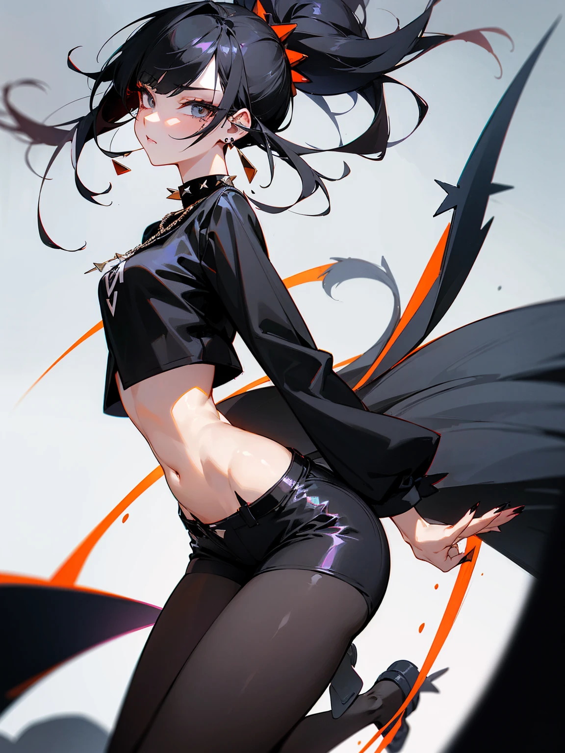 ((Long Straight Black hair)), Perfect face, Choker, Punk earrings, ((Tall)), ((High Quality)), Necklace, ((Mature)), Pretty Eyes, Sharp Nails, Bangs, ((1 Girl)), ((Multiple Earrings)), 1 girl, Spiky Earrings, Adult, Spiked Collar, Thin Eyelashes, Black Background, Long Tail, Large Tail, Shark Tail, ((Short Pants)), ((Long Sleeve Crop Top)), Close Up, Tall, Long Legs, ((Dynamic Pose)), Black Tail, 2 moles under left eye, Pantyhose, Vibrant Colors, Close Up, Sexy, Suggestive, Sexually Suggestive, Thick, Thick Body, Skinny, Black Thigh Highs, Teasing, Ponytail, Slender Body, Stylish,
