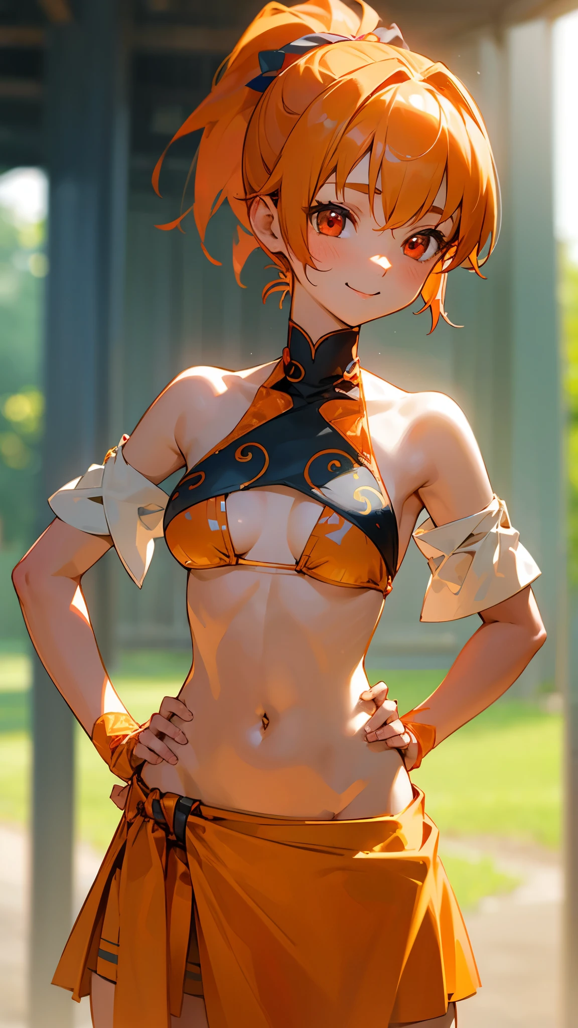 1 Girl、8K、Sharp focus、(Bokeh) (Highest quality) (Detailed skin:1.3) (Intricate details) (anime)、Orange Hair、ponytail、Beautiful red eyes、18-year-old、(Please put your hands on your hips)、chest、Slim figure、bikini、A pareo skirt with bold ethnic patterns and plenty of primary colors、Realistic Skin、Shiny skin, Sunburned skin、Cowboy Shot、Side body、smile、smile、Park in the background、Soft lighting