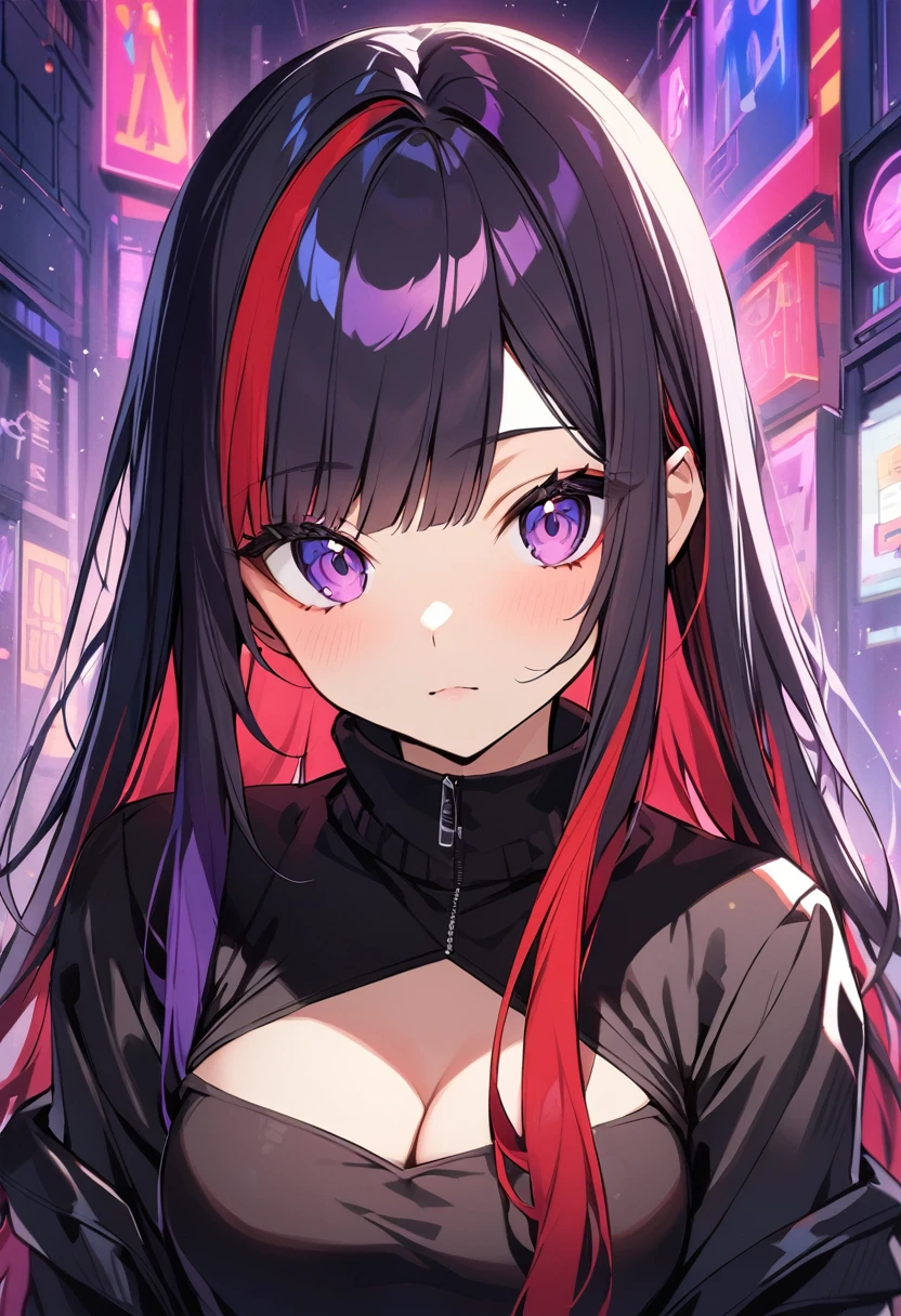 1girl, solo, long hair, breasts, looking at viewer, bangs, black hair, long sleeves, cleavage, medium breasts, closed mouth, purple eyes, jacket, upper body, purple hair, red hair, multicolored hair, youtuber virtual, hair with highlights, black jacket, cutout clothes, sweatshirt, black sweatshirt
