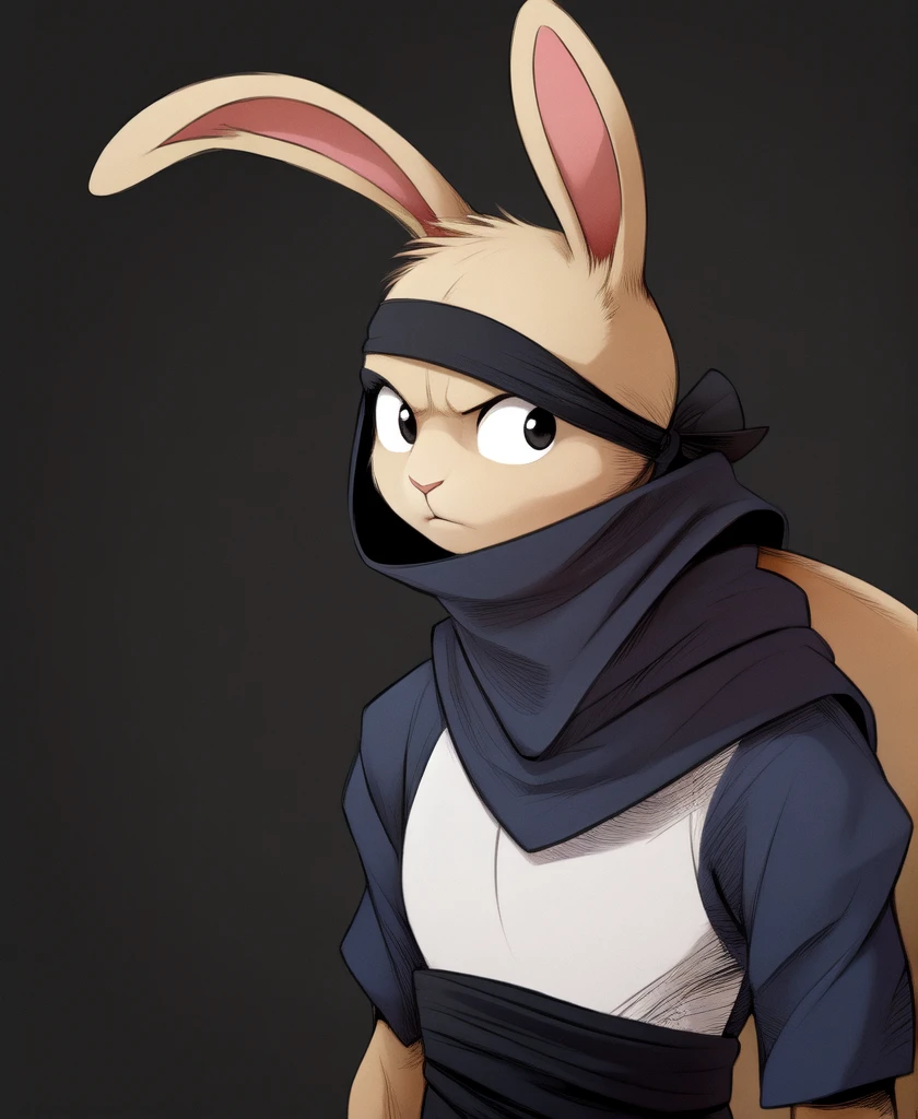 Gamer ninja rabbit with a dark background looking forward illustrated image drawn extra