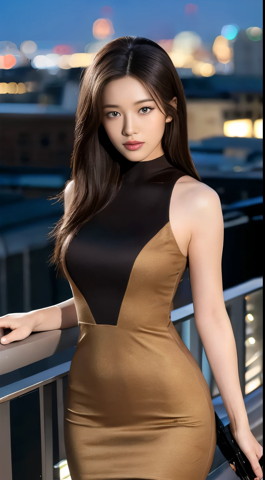 ((midnight, highest quality, 8K, masterpiece: 1.3)), whole body, long legs, sharp focus: 1.2, beautiful woman with perfect figure: 1.4, thin abs: 1.1, ((dark brown hair, big: 1.2)), (bodycon,Shetic, Are standing:1.2), (View of the city at night, rooftop:1.3)), Highly detailed face and skin texture, fine eyes, double eyelid