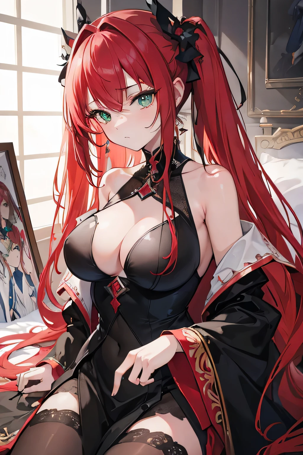 (best quality), masterpiece, extremely detailed CG uniform 8K illustration, high color, extremely high color saturation, all colors deepened, paint, graffiti art, center composition, extremely detailed light and shadow,
"A young and beautiful girl with flowing red hair and mesmerizing green eyes lies gracefully on a bed. Her black and red gown drapes around her, highlighting her noble status. Her gaze is captivating and serene, conveying a sense of elegance and contemplation."