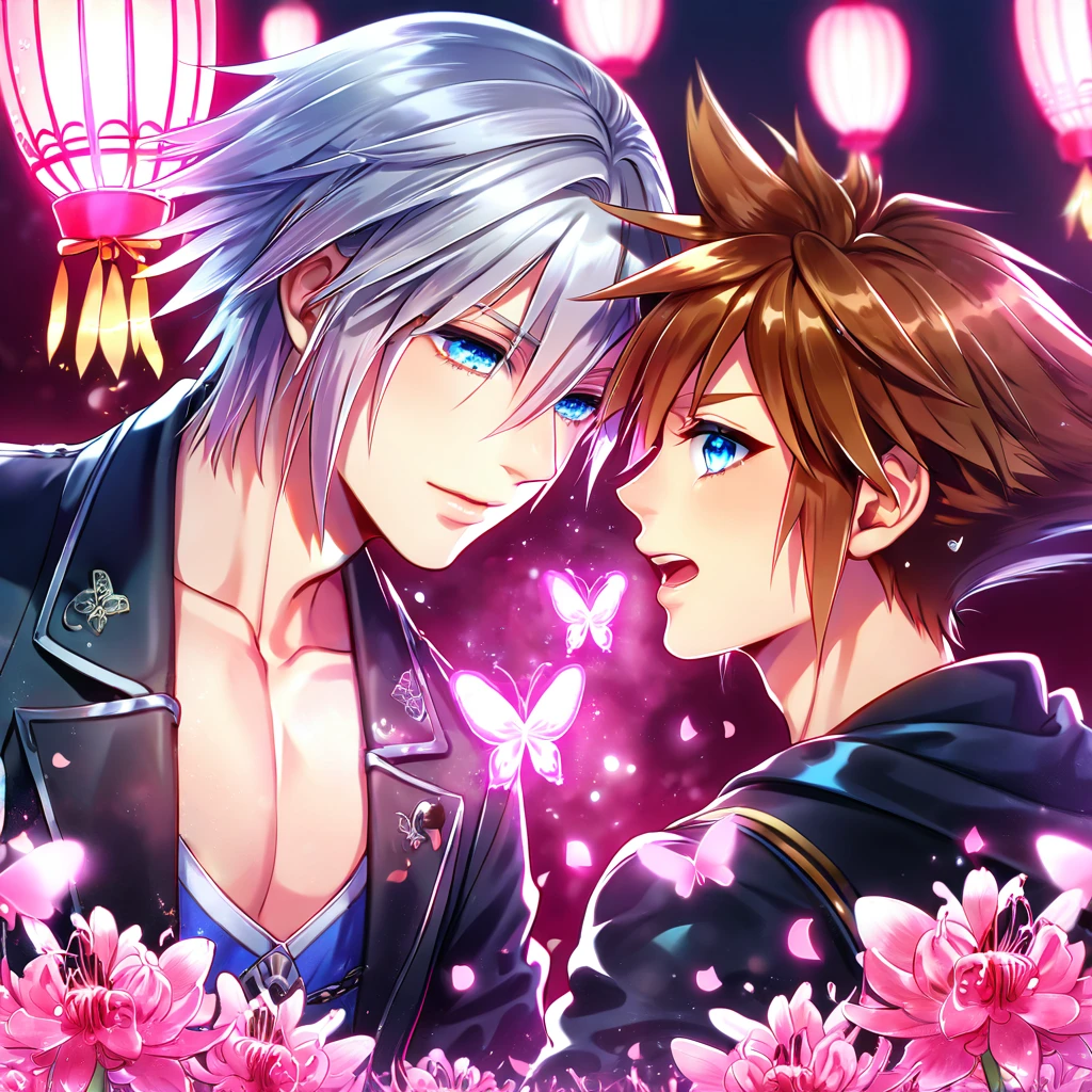 absurd resolution, high resolution, ultra detailed, detailed eyes, extremely detailed, HDR, 8K, Riku, gray hair, expressive blue eyes, Kingdom Hearts, Sora, brown hair, expressive blue eyes, two sexy men together, yaoi, gay couple, handsome, black coat, black jacket, fantasy, cool, magical, pink glittering butterflies, pink dust flying around, pink spider lilies, pink petals, pink lanterns, Japanese ambiance, pink blossoms