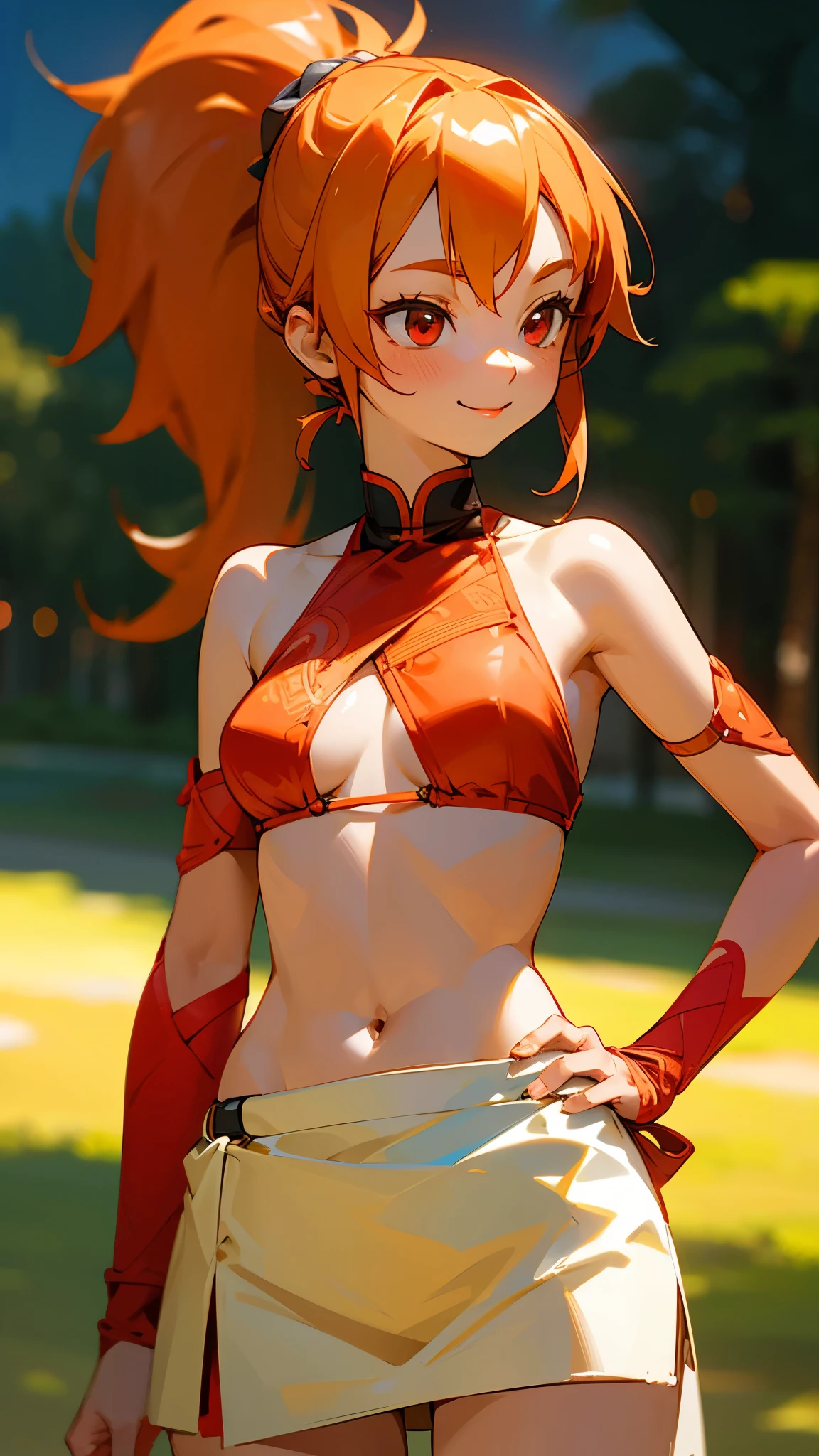 1 girl、、Sharp focus、(Bokeh) (Highest quality) (Detailed skin:1.3) (Intricate details) (anime)、Orange Hair、ponytail、Beautiful red eyes、18-year-old、(Keep your hands on your hips)、chest、Slim figure、bikini、A pareo skirt with bold ethnic patterns and plenty of primary colors、Realistic Skin、Glowing Skin, Sunburned skin、Cowboy Shot、Side body、smile、smile、Park in the background、Soft lighting