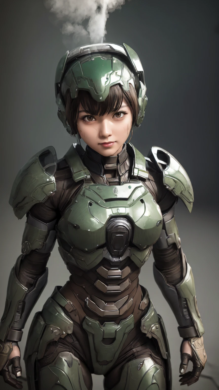 Textured skin, Very detailed, Attention to detail, high quality, 最high quality, High resolution, 1080P, hard disk, beautiful,(War Machine),beautifulサイボーグ女性,Dark Green Mecha Cyborg Girl,Fight,Girl with a mechanical body,、Plain junior high school girl Boyish short hair、Sweaty brown eyes、Sweaty face、smile blush cute Black-haired ((Steam coming from the head)) (Steam coming out of the whole body) Cool pose