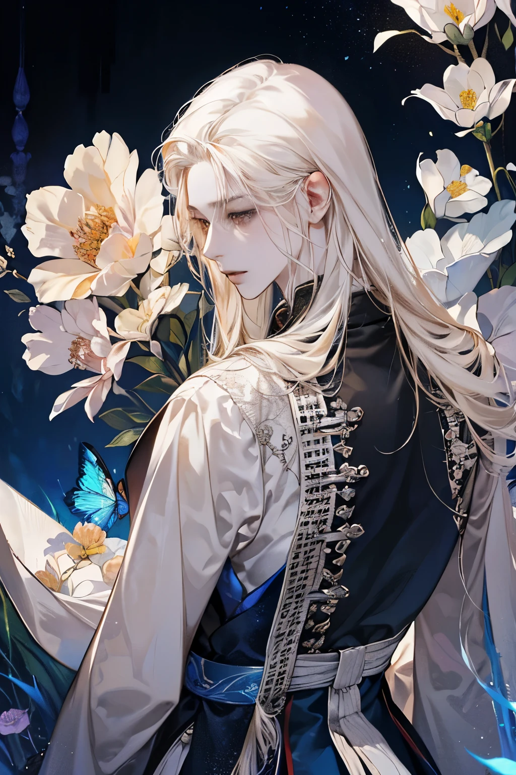 male性,male,Platinum Blonde,Long Hair,magic,count,good looking,Soft lighting,water ink,Low saturation,Low contrast,flower,薔薇のflower束,Intimidating and charismatic,nice,dignity,Threatening