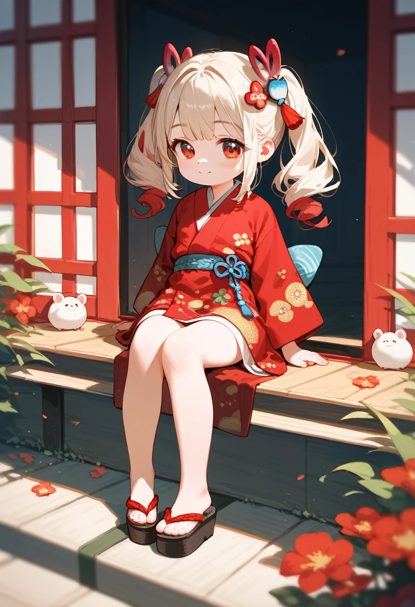 1girl,little_girl,little_body,cute_loli,Emi, two-tone hair, red eyes, pigtail, hair ornaments, red kimono, print kimono, zori sandals, 