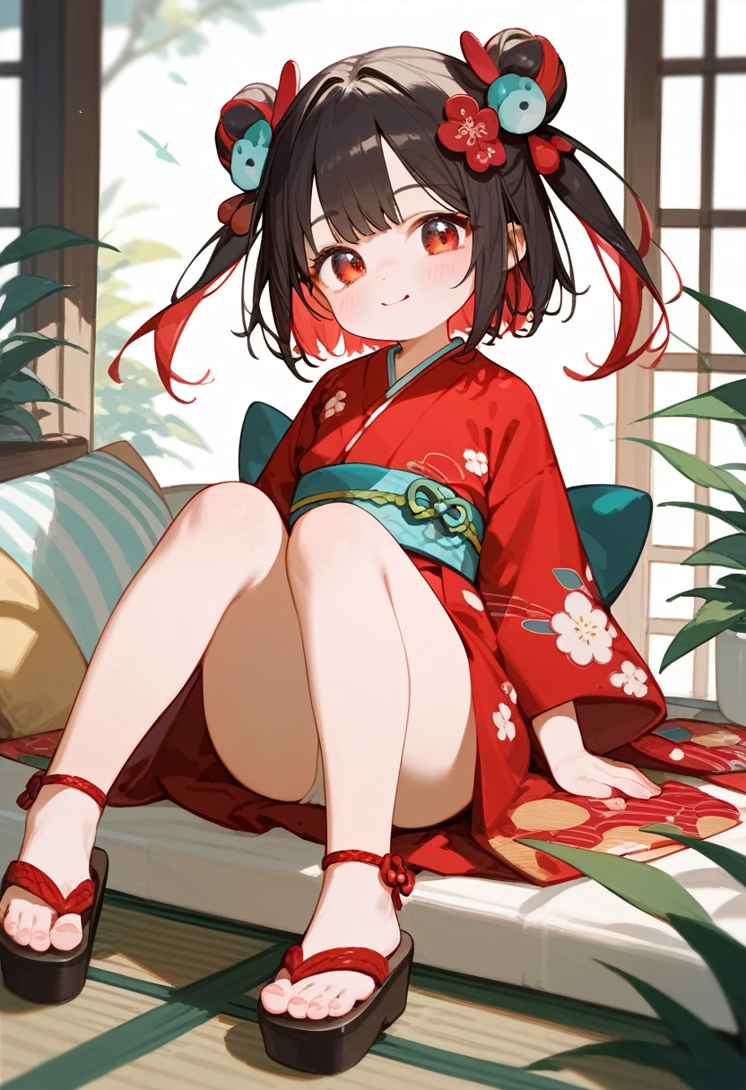 1girl,little_girl,little_body,cute_loli,Emi, two-tone hair, red eyes, pigtail, hair ornaments, red kimono, print kimono, zori sandals, 