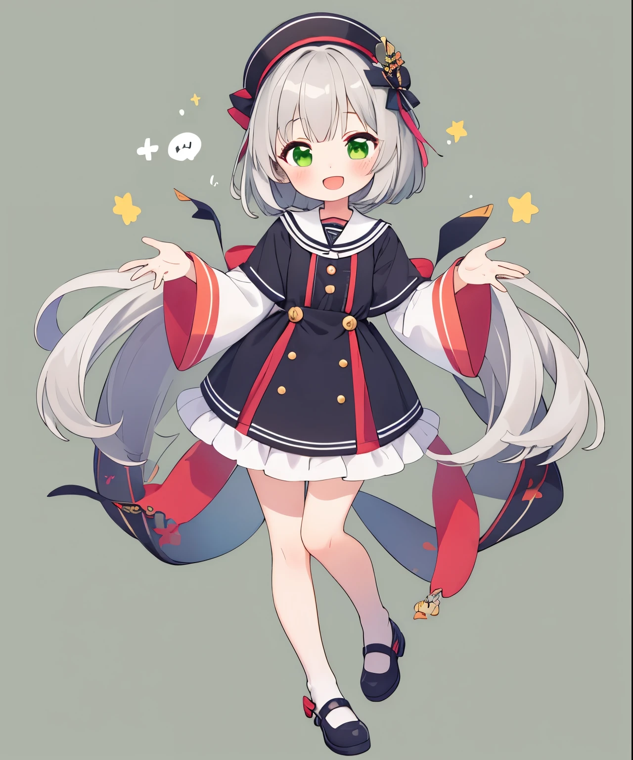 One girl, (Little:1.3), full boisy View your viewers, blush, smile, :is, open mouth small girl isancing, Gray Hair, View your viewers,green background,full body, put hands on body