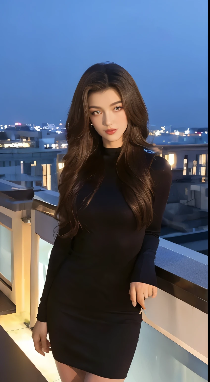 ((midnight, highest quality, 8K, masterpiece: 1.3)), whole body, long legs, sharp focus: 1.2, beautiful woman with perfect figure: 1.4, thin abs: 1.1, ((dark brown hair, big: 1.2)), (bodycon,Shetic, Are standing:1.2), (View of the city at night, rooftop:1.3)), Highly detailed face and skin texture, fine eyes, double eyelid