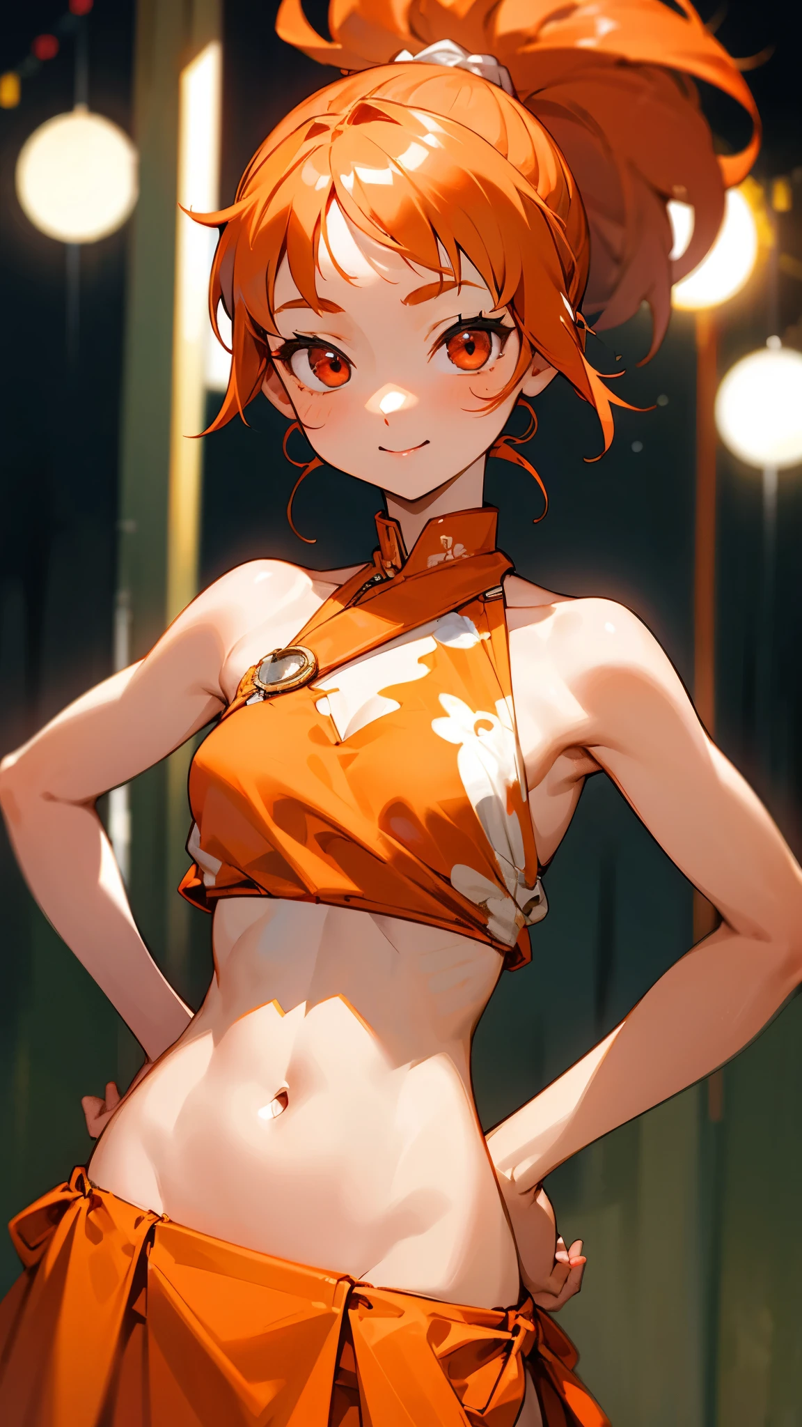 1 girl、、Sharp focus、(Bokeh) (Highest quality) (Detailed skin:1.3) (Intricate details) (anime)、Orange Hair、ponytail、Beautiful red eyes、18-year-old、(Keep your hands on your hips)、chest、Slim figure、bikini、A pareo skirt with bold ethnic patterns and plenty of primary colors、Realistic Skin、Glowing Skin, Sunburned skin、Cowboy Shot、Side body、smile、smile、Park in the background、Soft lighting