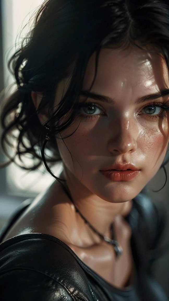 (((ultra realistic))) Photo, masterpiece, top quality, (pale skin), (Ultra detailed face and eyes:1.2), Bright eyes, 1 girl, orange bra, gloomy atmosphere, Dark background, (Eye makeup, mascara) , ((Dark wavy hair)) , ((Stylish hairstyle)) , (Natural breasts), (A slight smile), ((Posing)), photoshoot, studio (Contour lighting), (The play of light and shadows), depth of field, bokeh, (special attention to skin detail: 1.2), Detailed leather texture, skin pores, ((Тёмная и gloomy atmosphere кадра. color scheme - black, Gray, Ashen, orange tones)), ((Film grain, VHS effect)), ((rays)) , ((waist up portrait, close to the camera)) , ultra detialed,