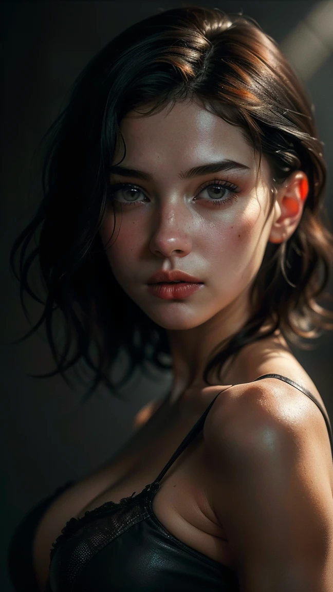 (((ultra realistic))) Photo, masterpiece, top quality, (pale skin), (Ultra detailed face and eyes:1.2), Bright eyes, 1 girl, orange bra, gloomy atmosphere, Dark background, (Eye makeup, mascara) , ((Dark wavy hair)) , ((Stylish hairstyle)) , (Natural breasts), (A slight smile), ((Posing)), photoshoot, studio (Contour lighting), (The play of light and shadows), depth of field, bokeh, (special attention to skin detail: 1.2), Detailed leather texture, skin pores, ((Тёмная и gloomy atmosphere кадра. color scheme - black, Gray, Ashen, orange tones)), ((Film grain, VHS effect)), ((rays)) , ((waist up portrait, close to the camera)) , ultra detialed,