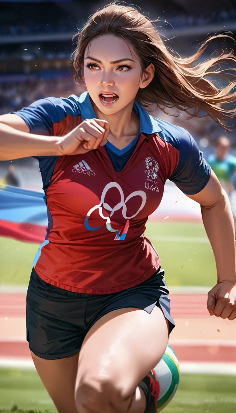 a female rugby player, extremely detailed,masterpiece,realistic,7 vs 7 play,holding strong rugby ball in one hand,running fast between opponents players,speed,fast run,fast game,(best quality,4k,8k,highres,masterpiece:1.2),ultra-detailed,(realistic,photorealistic,photo-realistic:1.37),HDR,UHD,studio lighting,ultra-fine painting,sharp focus,physically-based rendering,extreme detail description,professional,vivid colors,bokeh,sports,olympics,olympic games, olimpic flag in background