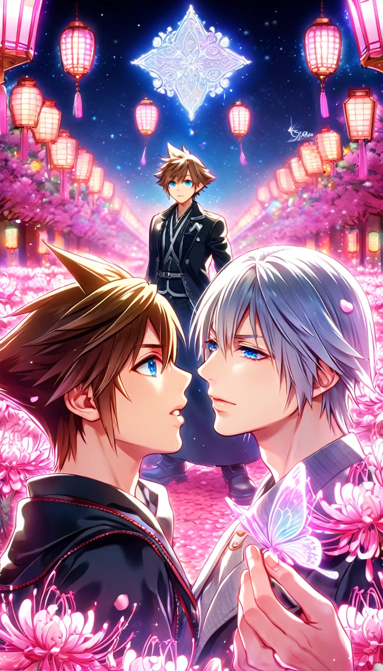 absurd resolution, high resolution, ultra detailed, detailed eyes, extremely detailed, HDR, 8K, Riku, gray hair, expressive blue eyes, Kingdom Hearts, Sora, brown hair, expressive blue eyes, two sexy men together, yaoi, gay couple, handsome, black coat, black jacket, fantasy, cool, magical, pink glittering butterflies, pink dust flying around, pink spider lilies, pink petals, pink lanterns, Japanese ambiance, pink blossoms