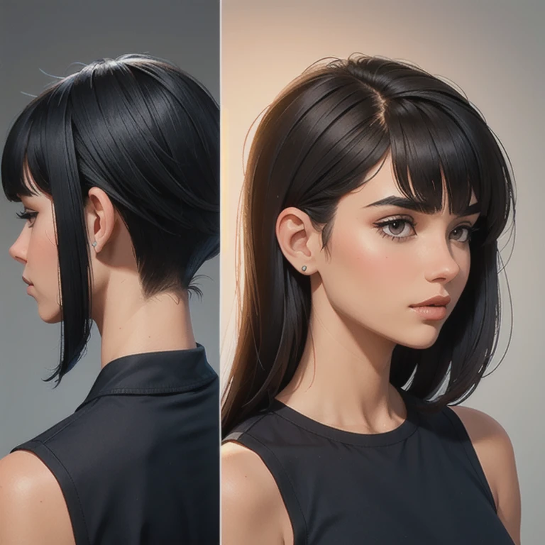 The beautiful girl with straight front bangs covering her forehead to her eyebrows, Long Side Bangs, The strands of hair on the sides of the face are left longer reaching below the chin or shoulders. Short Back with Exposed Nape: Behind the ears, hair is cut short, exposing the back of the head. This is an asymmetrical and modern element, creating an interesting contrast between the front and back of the hair. Well-defined cut at the back of the neck: The neck is well cut and defined, with a precise finish. 