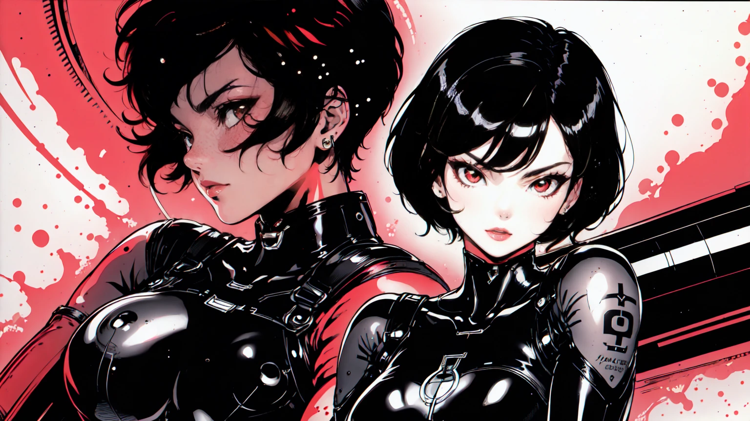 solo, 1 female, character centered in image, A beautiful girl with short black hair, latex bodysuit, close up shot, bust, retro anime, black and white, monochrome, red eyes, tattoo's piercings, cute, pin up