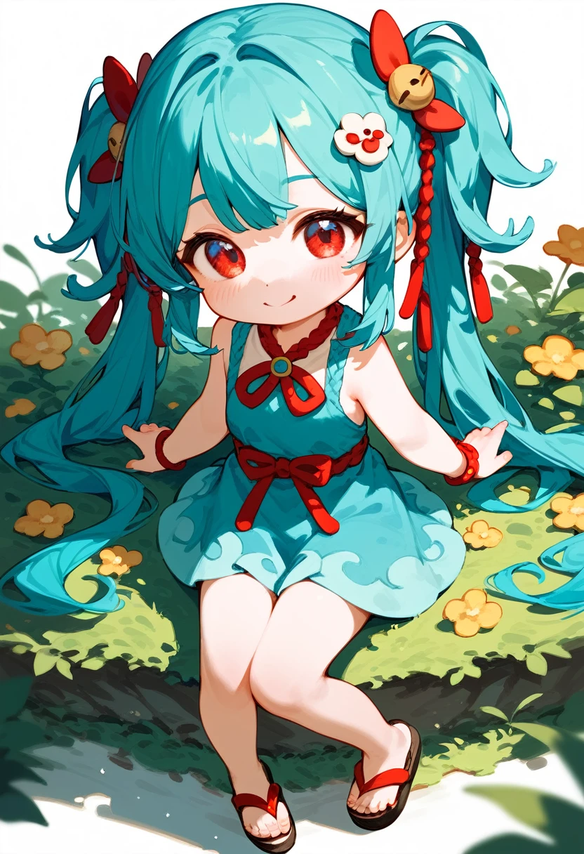 1girl,little_girl,little_body,cute_,Emi, two-tone hair, red eyes, pigtail, hair ornaments, sandals,
