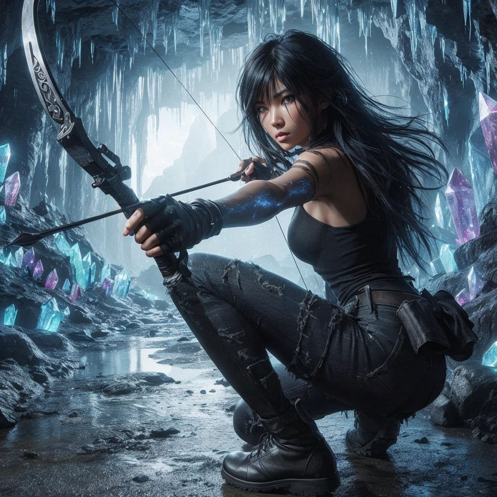 
Hyperrealistic, highly detailed, sharp and vivid 4D potret of a beautiful Thai woman with back-length black hair, wearing a black tank top and tattered jeans, boots, crouching slightly in the corner of a futuristic cave. The cave walls are decorated with gemstones that emit a blue glow. He held and aimed a futuristic bow and arrow, his face tense. Drops of water fell from the roof of the cave, adding to the darkness and eerie silence.
