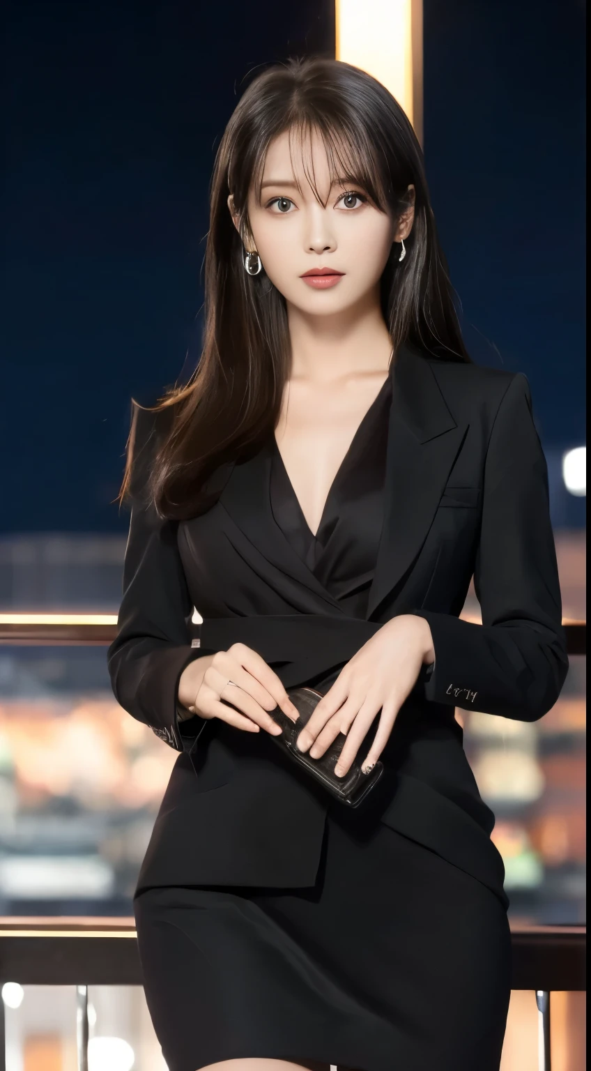 ((midnight, highest quality, 8K, masterpiece: 1.3)), whole body, long legs, sharp focus: 1.2, beautiful woman with perfect figure: 1.4, thin abs: 1.1, ((dark brown hair, big: 1.2)), (bodycon,Shetic, Are standing:1.2), (View of the city at night, rooftop:1.3)), Highly detailed face and skin texture, fine eyes, double eyelid