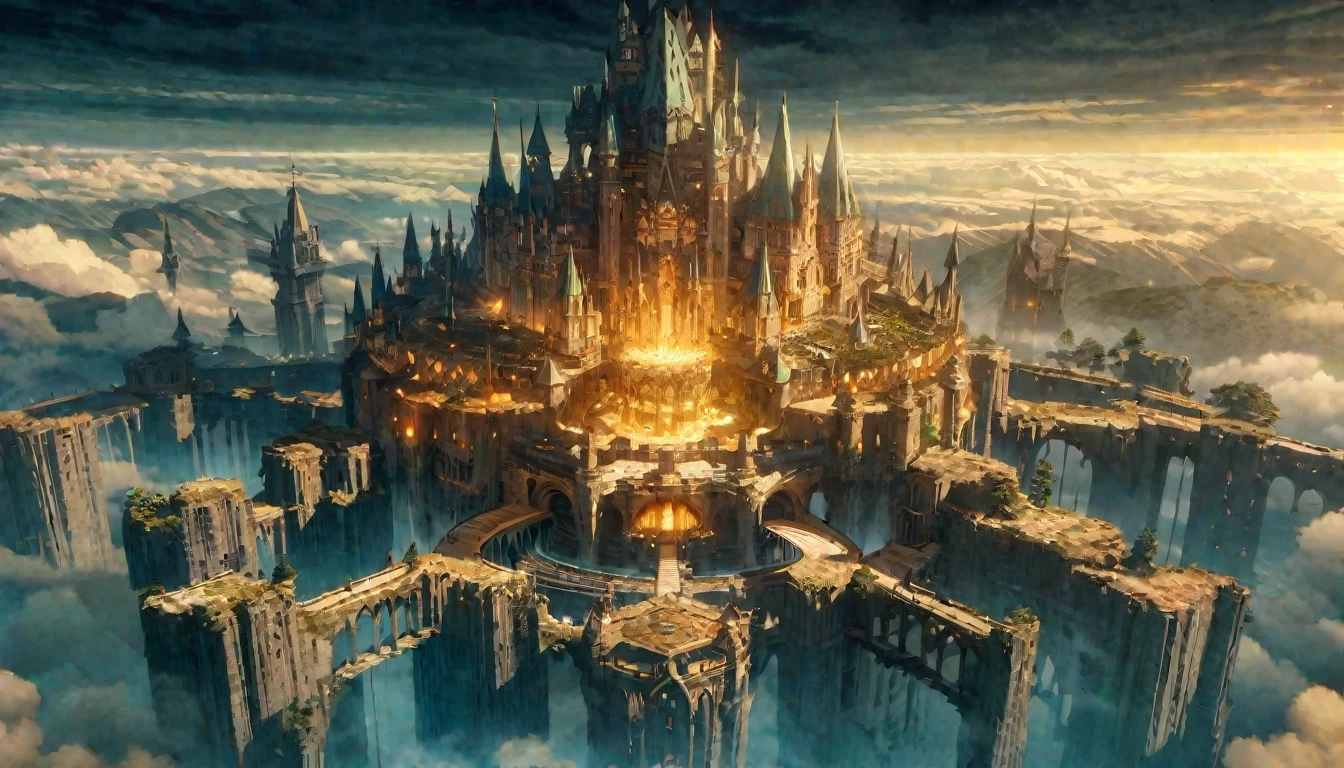  anime scenery, anime aestetics, gigantic castle, huge structure, medieval fantasy architecture, floating platforms, castle of final boss, shadow fortrest, very bright yellow bricks, epic structure, architectural masterpiece, elden ring fanart, elden ring architecture, dark fantasy, wide shot, from above, from outside, perspective, atmospheric perspective, highres, 8k, best quality, super detail, award winning, masterpiece