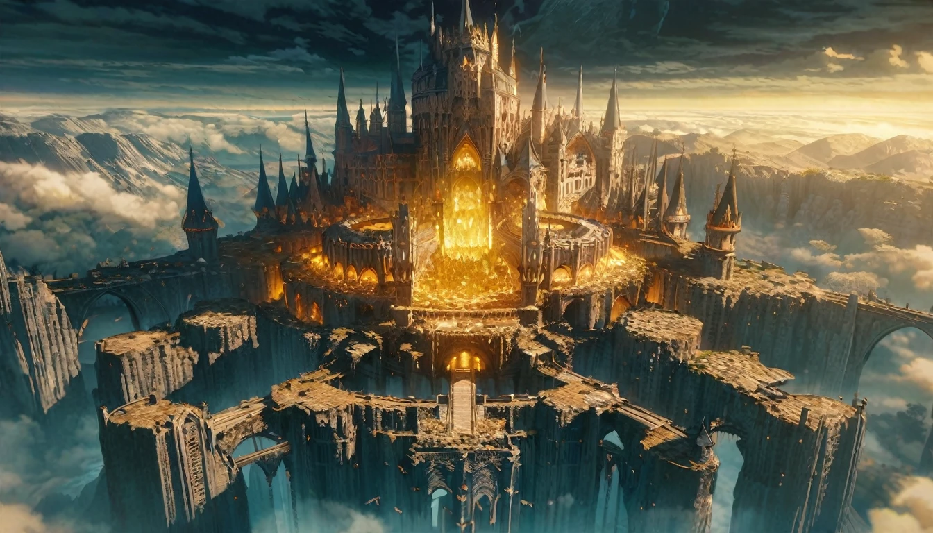  anime scenery, anime aestetics, gigantic castle, huge structure, medieval fantasy architecture, floating platforms, castle of final boss, shadow fortrest, very bright yellow bricks, epic structure, architectural masterpiece, elden ring fanart, elden ring architecture, dark fantasy, wide shot, from above, from outside, perspective, atmospheric perspective, highres, 8k, best quality, super detail, award winning, masterpiece