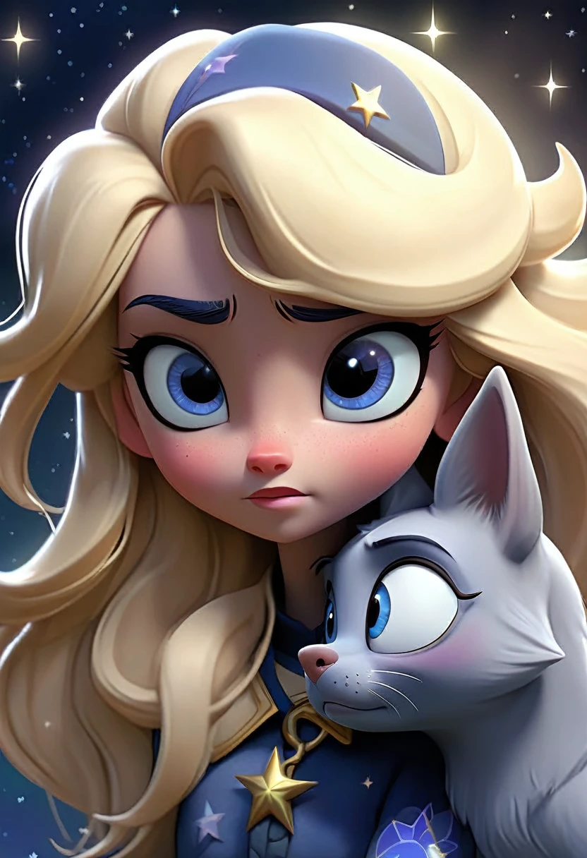 A twinkling, friendly star appearing in the distance, catching Luna’s attention. The star emits a comforting glow that illuminates Luna’s tearful face.