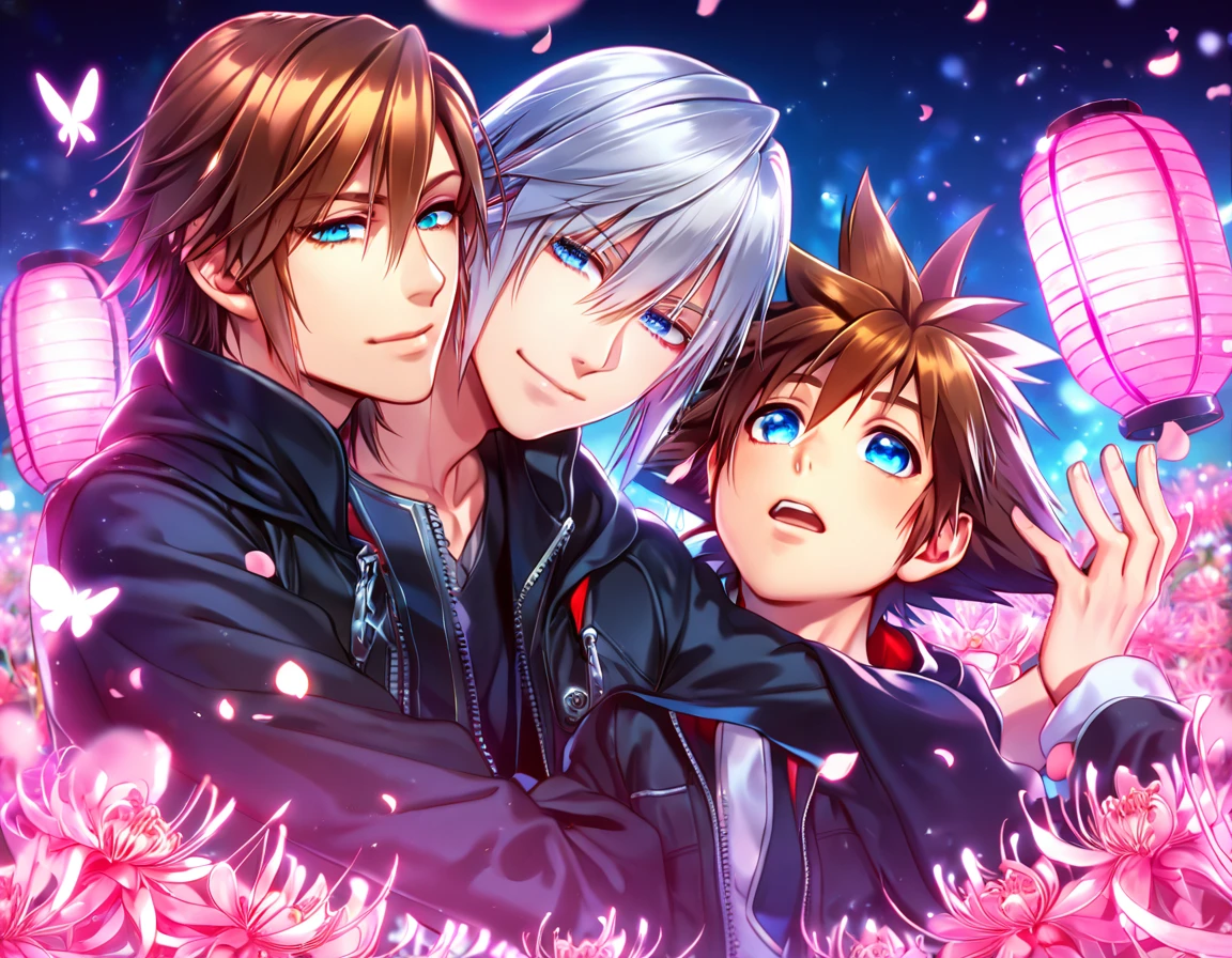 absurd resolution, high resolution, ultra detailed, detailed eyes, extremely detailed, HDR, 8K, Riku, gray hair, expressive blue eyes, Kingdom Hearts, Sora, brown hair, expressive blue eyes, two sexy men together, yaoi, gay couple, handsome, black coat, black jacket, fantasy, cool, magical, pink glittering butterflies, pink dust flying around, pink spider lilies, pink petals, pink lanterns, Japanese ambiance, pink blossoms