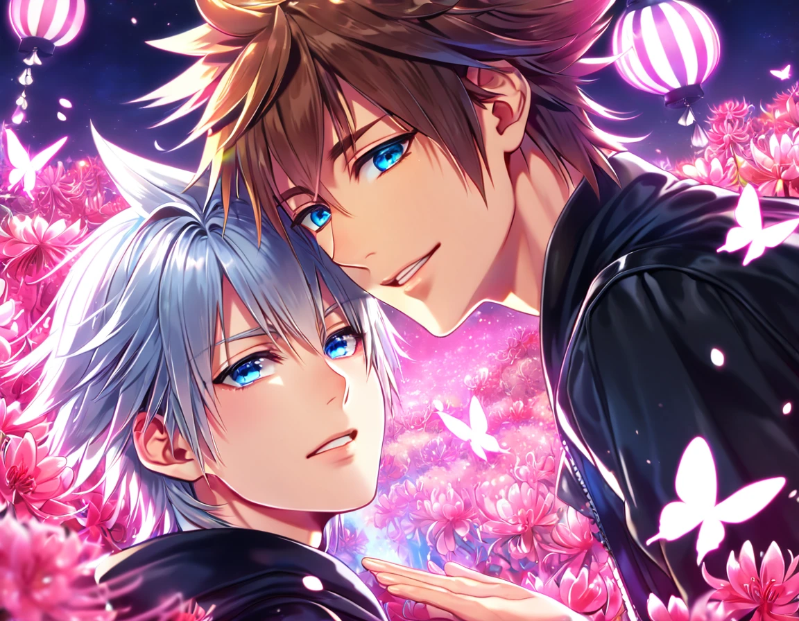 absurd resolution, high resolution, ultra detailed, detailed eyes, extremely detailed, HDR, 8K, Riku, gray hair, expressive blue eyes, Kingdom Hearts, Sora, brown hair, expressive blue eyes, two sexy men together, yaoi, gay couple, handsome, black coat, black jacket, fantasy, cool, magical, pink glittering butterflies, pink dust flying around, pink spider lilies, pink petals, pink lanterns, Japanese ambiance, pink blossoms
