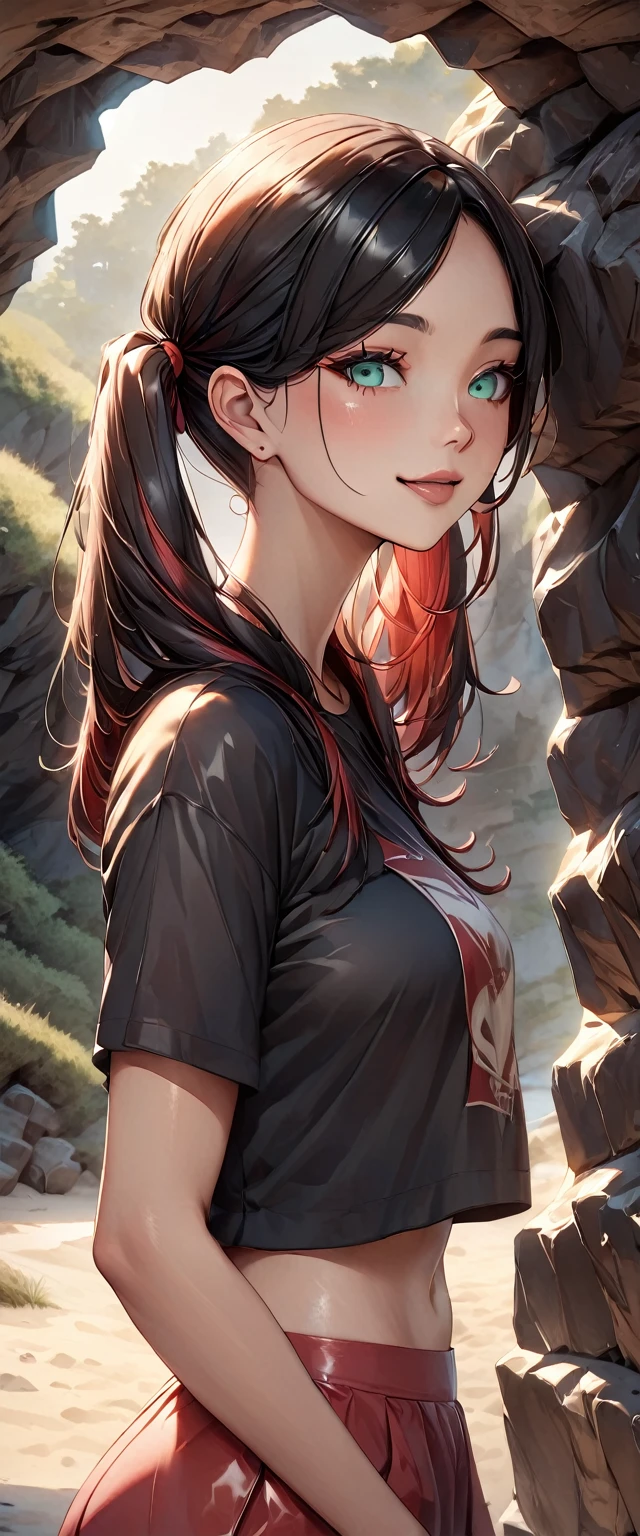 Realistic, photograph, 自然な肌をした女の子のphotograph, ((High Twintails)), , ((Baby Face)), Smiling, ((tilting the head)), From the side, Round face, Red mesh hair, ((Upper Body)), Beach cave, The light is shining in, Black hair with red mesh, Sharp eyes with red eyeshadow, Blue-green eyes, Shining eyes, A thin, upturned nose, Well-shaped lips, ((crop top overhang, Short sleeve, Black clothes, Glamour body)), Makeup, Exquisitely crafted with the utmost attention to detail, Vibrant, amazing, Smooth, Cinematic, 4K, Backlight, (()), Shallow depth of field, ((Detailed eyes:1.3, Detailed lips:1.3, high quality, )), masterpiece, Super detailed images, High quality