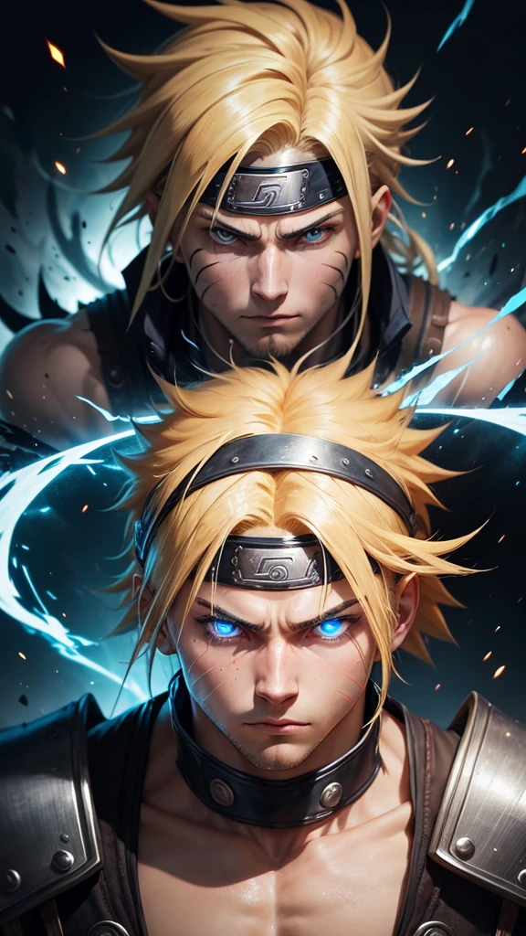 illustration featuring a close-up of a character's face. The character has spiky blonde hair and wears a headband with a metallic plate displaying a spiral symbol. The character's eyes are strikingly blue and glowing, with a determined and fierce expression. The skin tone is light, and there are distinct whisker-like marks on the cheeks. The image is filled with dynamic lighting effects, with blue and orange hues creating a dramatic and energetic atmosphere. The overall composition is focused on the character's face, emphasizing the eyes and expression.In the vibrant world of Naruto, a fierce and determined ninja, every detail bursts with energy and emotion: vivid blonde hair spiked in all directions, piercing blue eyes shining with determination, and a scarred headband symbolizing his unyielding will. This captivating portrait of a young warrior melds raw power with unwavering resolve, drawing viewers into the thrilling tale of his epic adventures. The image is a stunning painting, capturing the essence of Naruto with impeccable detail and skill.