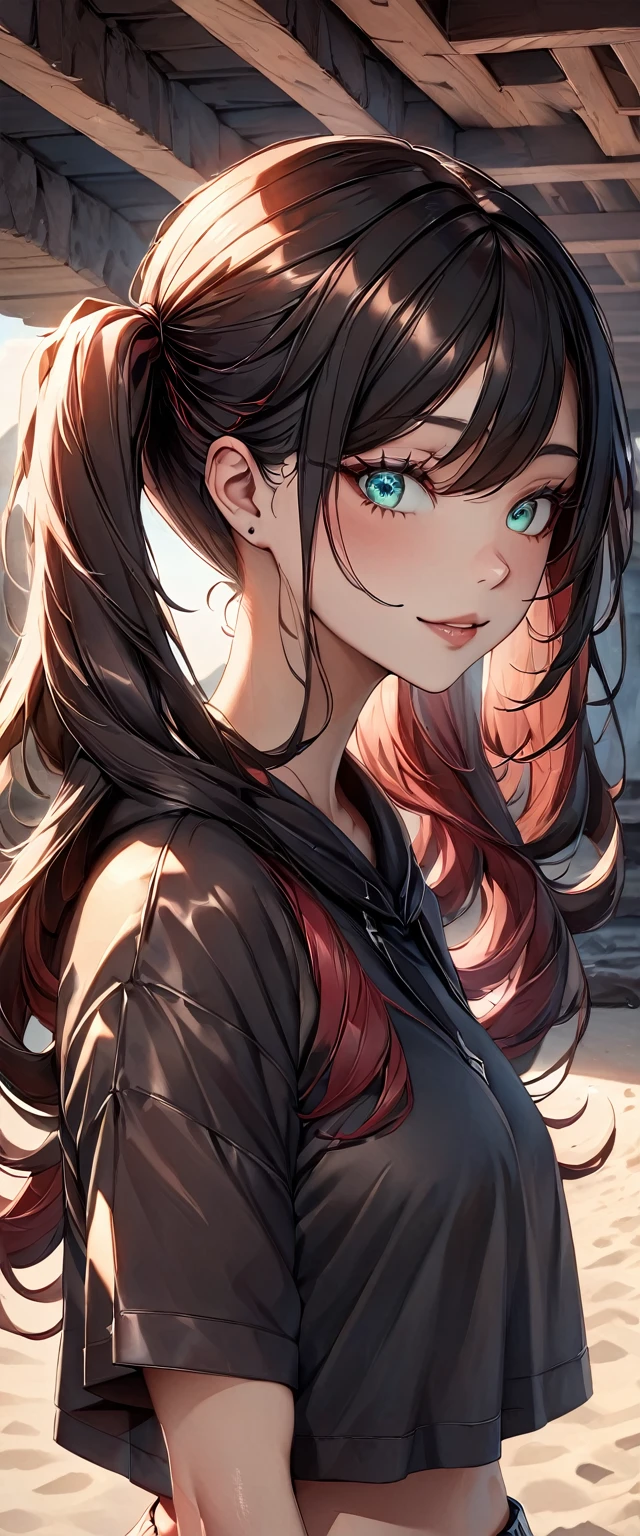 Realistic, photograph, 自然な肌をした女の子のphotograph, ((High Twintails)), , ((Baby Face)), Smiling, ((Tilt your head)), From the side, Round face, Red mesh hair, ((Upper Body)), Beach cave, The light is shining in, Black hair with red mesh, Sharp eyes with red eyeshadow, Blue-green eyes, Shining eyes, A thin, upturned nose, Well-shaped lips, ((crop top overhang, Short sleeve, Black clothes, Glamour body)), Makeup, Exquisitely crafted with the utmost attention to detail, Vibrant, amazing, Smooth, Cinematic, 4K, Backlight, (()), Shallow depth of field, ((Detailed eyes:1.3, Detailed lips:1.3, high quality, )), masterpiece, Super detailed images, High quality