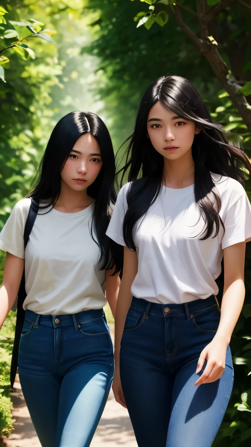 ((best quality)), ((masterpiece)), (detailed), A digital illustration of two young teenage girls with long black hair wearing plain white t-shirt and blue jeans walking surrounded by bushes. They both have a nervous expression on their faces.