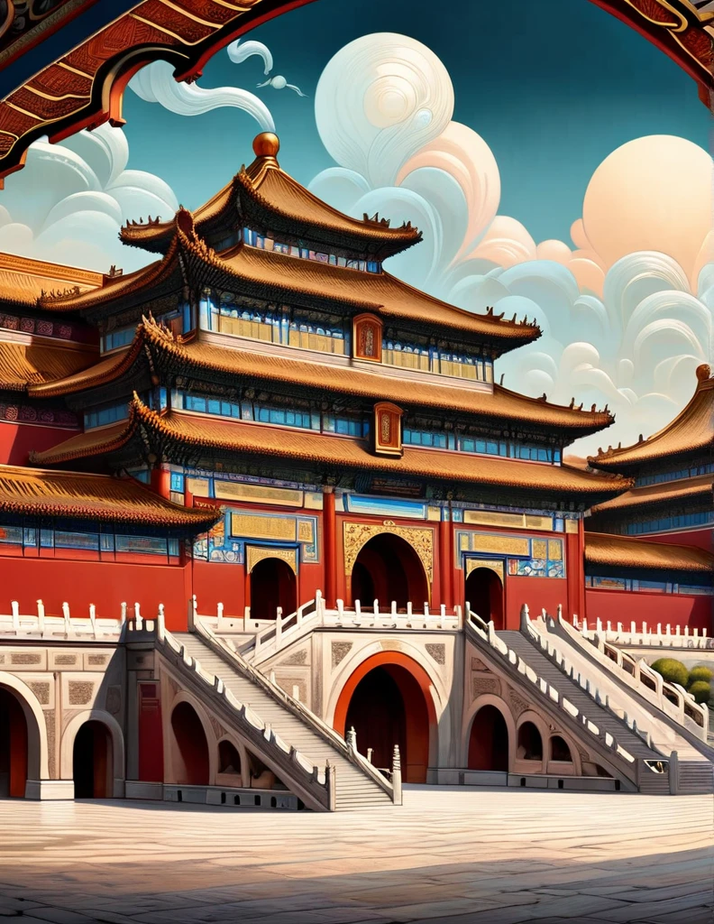 Business close-up of the Forbidden City Palace in China with flying arches, rustic renaissance realism, light blacks and browns, psychedelic surrealism, wood carvings, organic architecture 