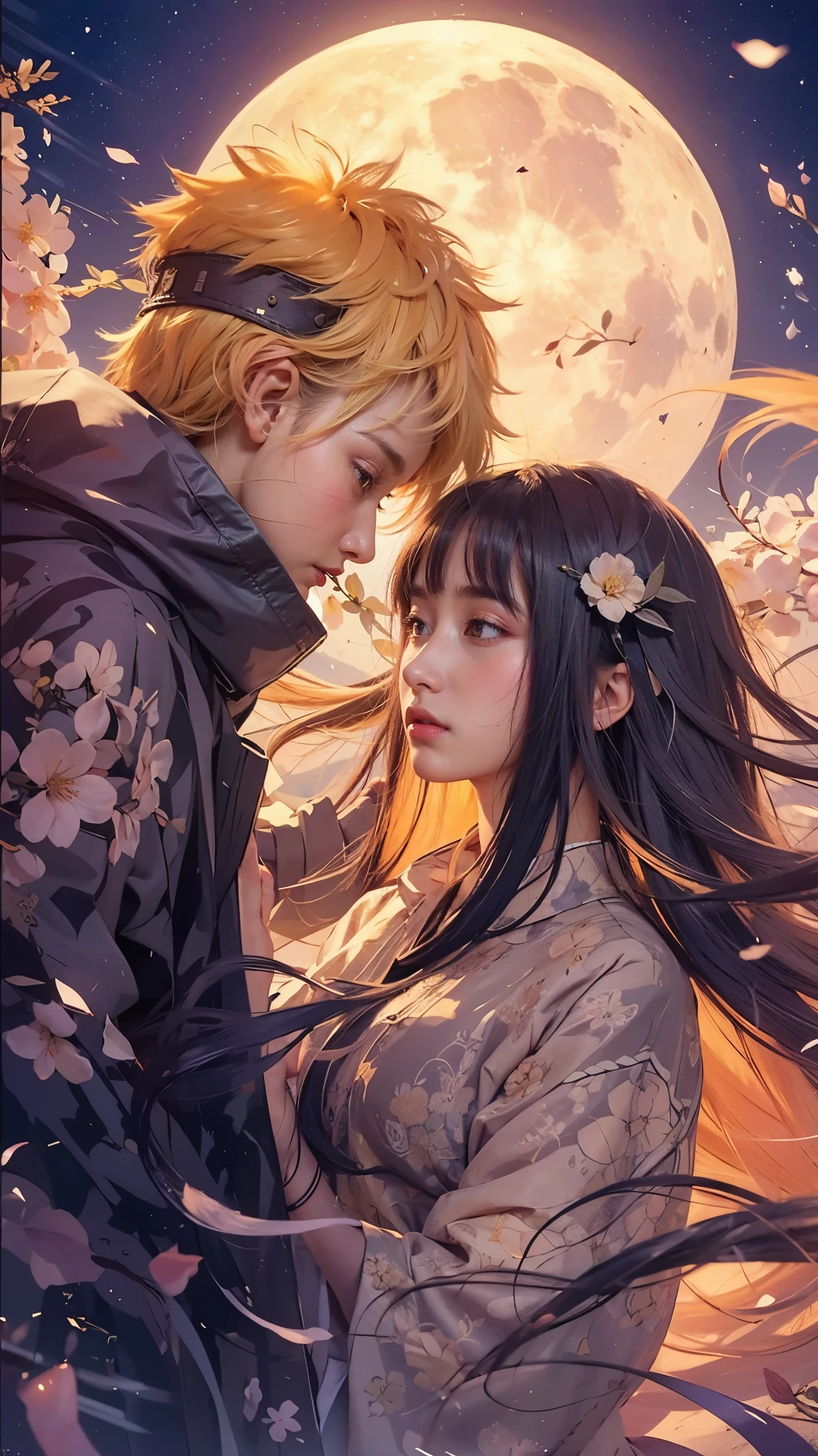 In a serene and romantic scene under the soft glow of a large, luminous full moon, two figures stand intimately close to each other. The male character, with spiky blonde hair crowned by a black headband bearing a metal plate, possesses distinctive whisker-like marks on his cheeks. He is clad in a dark jacket adorned with intricate floral patterns, embodying a blend of strength and delicate aesthetics. Beside him stands the female character, her long, dark hair adorned with a delicate flower accessory, cascading gently over her shoulders. She wears a light-colored kimono also embellished with floral motifs, harmonizing with the tranquil night.
Their fair skin catches the moonlight, accentuating the tenderness in their gazes locked onto each other. The background is a canvas of soft, glowing clouds gently illuminated by the moon's radiance, with cherry blossom petals drifting through the air, adding an ethereal touch to the scene. This setting encapsulates a moment of profound connection and emotion between Naruto and Hinata, evoking a blend of romance, serenity, and the beauty of their shared bond under the watchful gaze of the moon.