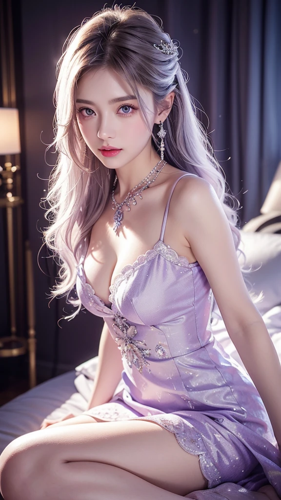 High-quality work,Realistic works,Super premium graphics,8K HD CG works,high quality graphics,High-definition and exquisite CG works,10x pixels,Ultra-fine details:1.1,Advanced technical details:1.1Realistic photo effects,Interior lighting effects:1.5,natural soft light:1.5. Light effect(Virtual light effects:1.8),Ultra-high resolution,purple shining dress,white long hair,white hair,long hair,high detailed hair(Quality hair details:1.1)Clear purple eyes,Double eyelids look good,Sharp eye makeup, Create exquisite eyelash makeup, thin eyebrows, Ultra-detailed eyes,a small nose, lovely red lips, rosey cheeks, With delicate makeup on her face , pretty face, The face shape is perfectly proportioned,(Advanced facial details:1.1) vibrant colors, female, masterpiece, sharp focus, best quality, depth of field, cinematic lighting, white hair, purple eyes, purple long dress with split, long hair, puple eyes, earrings, bracelet, necklace, rings, jewelry, purple dress, hair ornament, magical girl clothes, breasts, magical sailor guardian long dress, sleeveless, Glove, high heels, universe scepter, universe Staff, Women's artwork,Dress full body,full body, hourglass shape, hourglass figure, white skin, white legs, Reality,Amazing Cleavage,