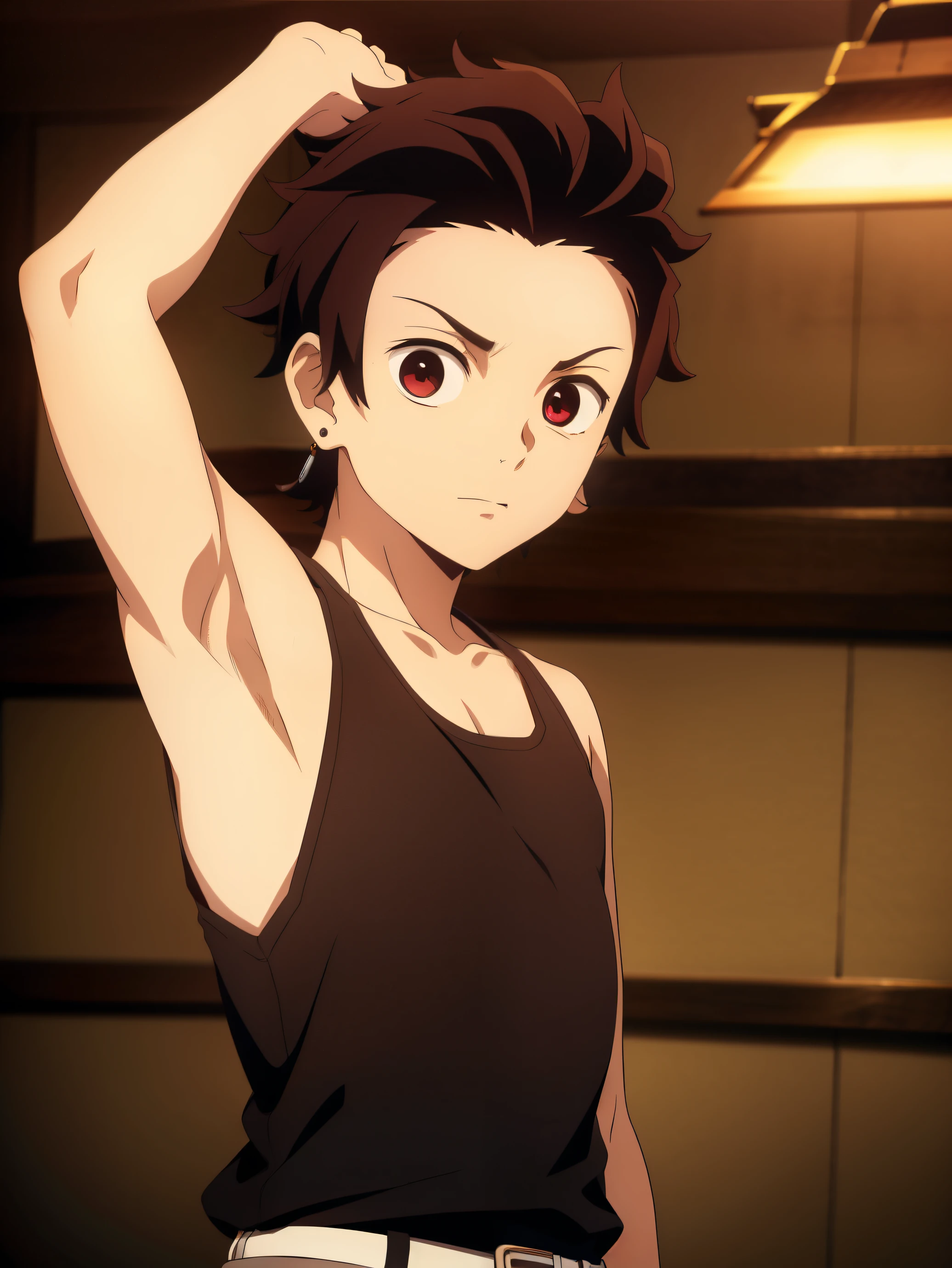 Highres, Masterpiece, Best quality at best,Best Quality,hight quality, hight detailed, Anime style, 1boy, Boy, Shota, Solo person, Tanjiro_kamado, Demon slayer, Earring, Tank top, Belt, Summer day, Slim body, Upper body, Blurry beckground, Seen from the front, (Showing armpit:1.3), (very young boy), (very small and short body), Uhd