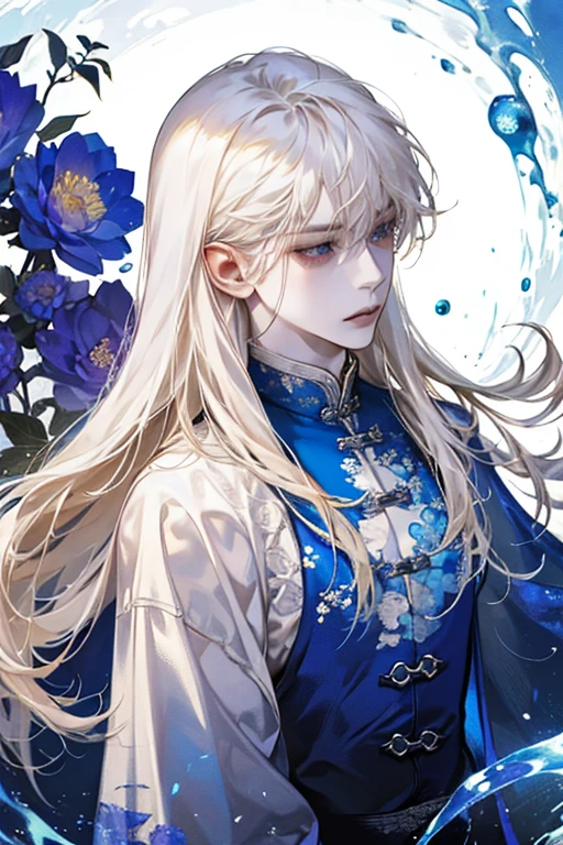 male性,male,Platinum Blonde,Long Hair,magic,count,good looking,Soft lighting,water ink,Low saturation,Low contrast,flower,薔薇のflower束,Intimidating and charismatic,Nice,dignity,Threatening,Blue and white