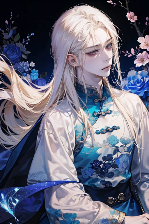 male性，male，Platinum Blonde，Long Hair，magic，count，good looking，Soft lighting，water ink，Low saturation，Low contrast，flower，薔薇のflower束，Intimidating and charismatic，Nice，dignity，Threatening，Blue and white