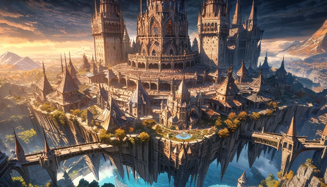 anime scenery, anime aestetics, gigantic castle, huge structure, medieval fantasy architecture, floating platforms, castle of final boss, shadow fortrest, very bright yellow bricks, epic structure, architectural masterpiece, elden ring fanart, elden ring architecture, dark fantasy, wide shot, from above, from outside, perspective, atmospheric perspective, highres, 8k, best quality, super detail, award winning, masterpiece