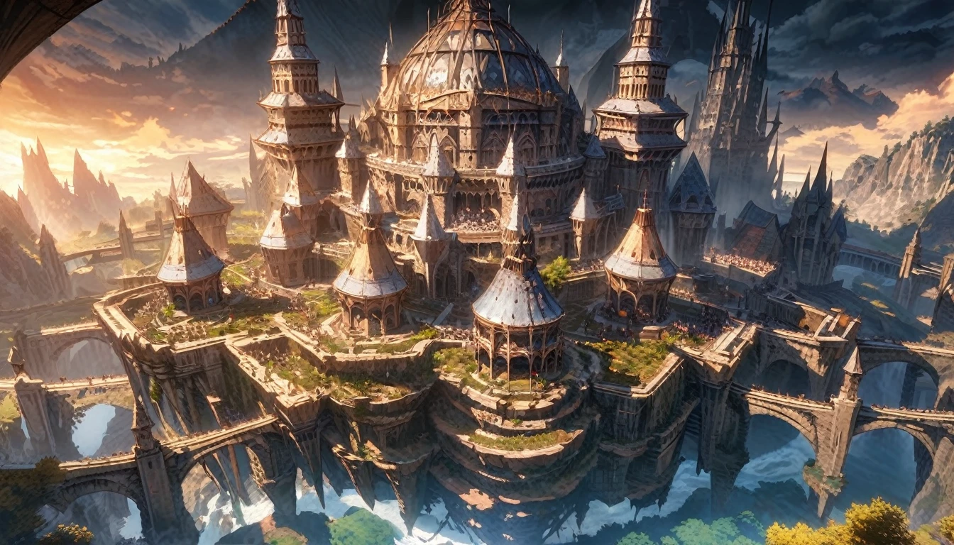 anime scenery, anime aestetics, gigantic castle, huge structure, medieval fantasy architecture, floating platforms, castle of final boss, shadow fortrest, very bright yellow bricks, epic structure, architectural masterpiece, elden ring fanart, elden ring architecture, dark fantasy, wide shot, from above, from outside, perspective, atmospheric perspective, highres, 8k, best quality, super detail, award winning, masterpiece