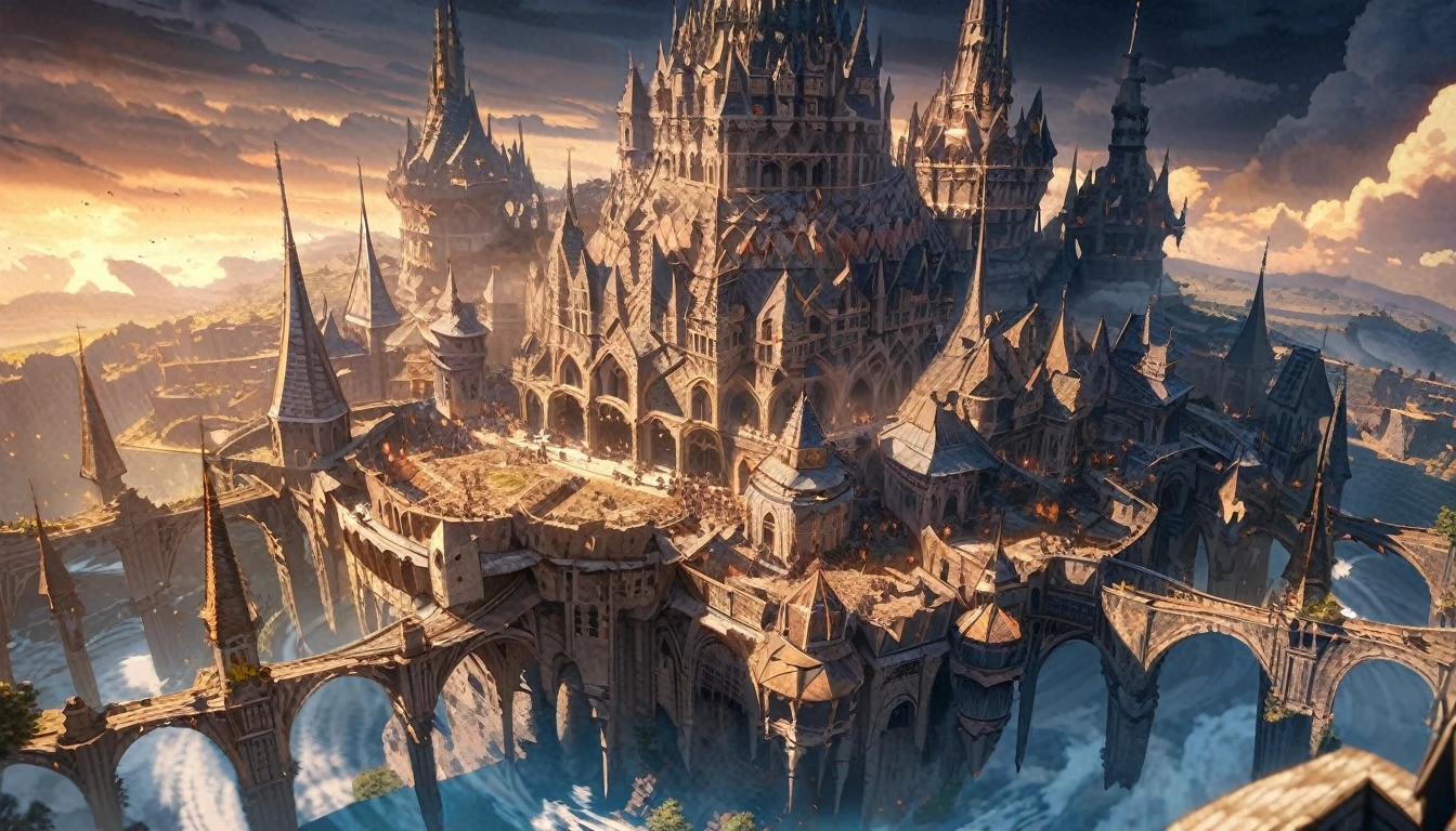 anime scenery, anime aestetics, gigantic castle, huge structure, medieval fantasy architecture, floating platforms, castle of final boss, shadow fortrest, very bright yellow bricks, epic structure, architectural masterpiece, elden ring fanart, elden ring architecture, dark fantasy, wide shot, from above, from outside, perspective, atmospheric perspective, highres, 8k, best quality, super detail, award winning, masterpiece