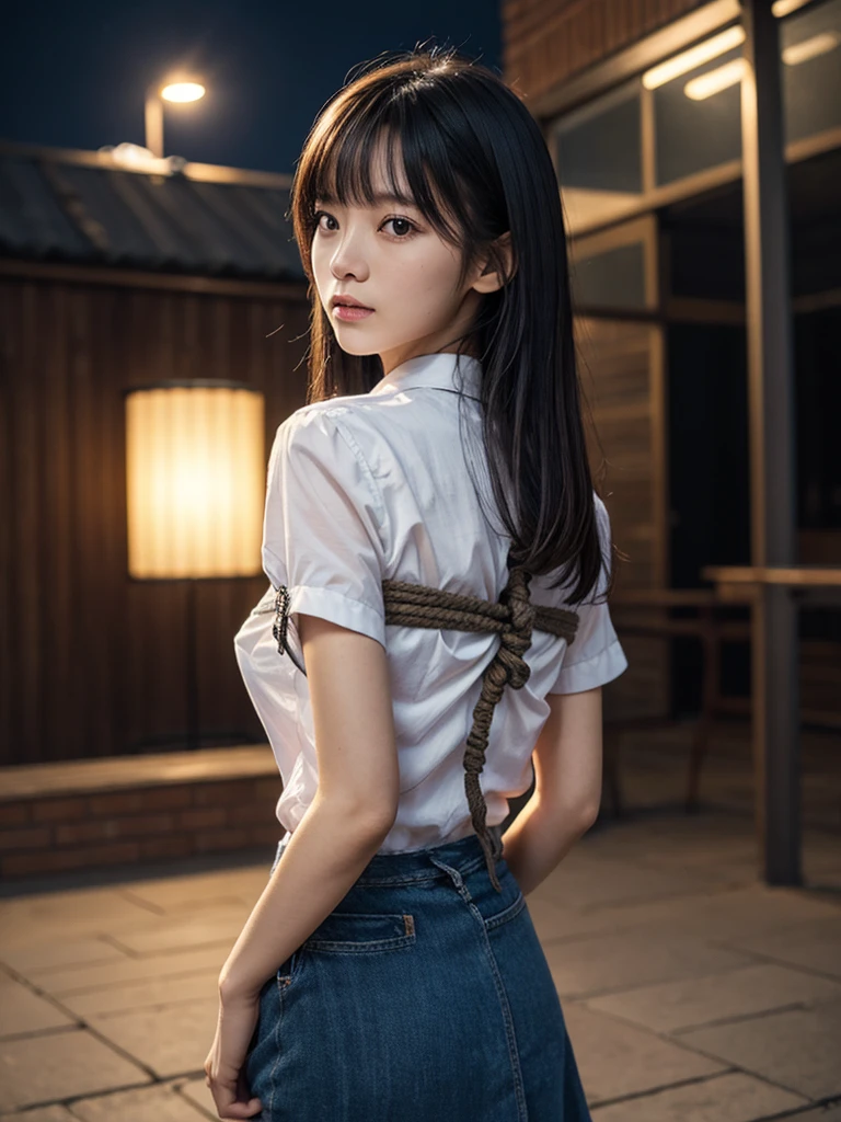 The woman has her hands tied、((Put your hands behind your back))、((Place your hands together and cross them behind your back))、((Her wrists are tied with rope))、Beauty、20age、university student、(anatomicaly, Has two arms and two hands)、Standing on a hill at night、There are a lot of trees、Beautiful night sky、There are many stars、A strong wind is blowing、Wearing a short-sleeved blouse、Wear a long skirt、Uniform eyes、Proportioned proportionedium build、Small breasts、Small face、(I can see from head to heel), Black Hair, bangs, swept bangs, Straight hair, Nervous, Messy Hair, Floating hair, Cinema Lighting, tachi-e, First-person view, throw, From behind, F/1.2, Nikon, Cowboy Shot, Surrealism, 超High resolution, Highest quality, High resolution, 8k, Textured skin, anatomicaly正しい体,