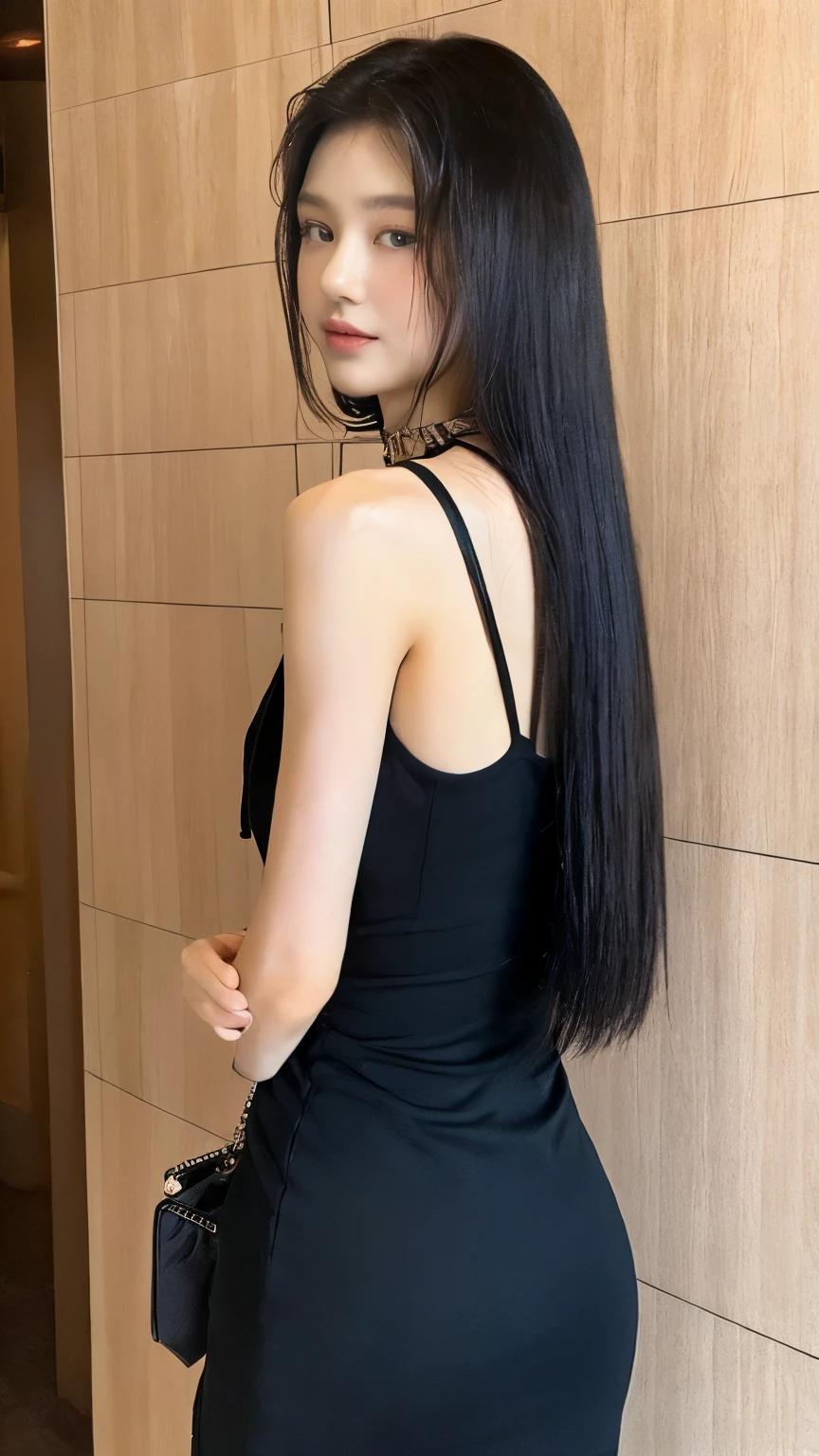 ((Top quality, 8k, Masterpiece: 1.3)), beauty, hidden face, (beautiful girl's, 15 year's old) body. Slim. Thin. Exciting, ((long straight. black hair. necklace)). Halter Triangle dress_Long legs. Full body. Stand. looking back. Sexy butt. visible from behind. shot from the back angle. inside the hotel. in front of a glass wall. daytime city view). ultra-detailed face, highly detailed lips, detailed eyes, double eyelid. Make-up face. Peach lipstick